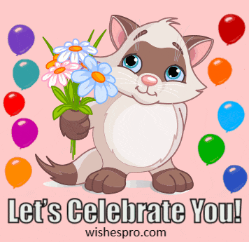 Birthday Wishes - Kitten with a Bouquet of Flowers